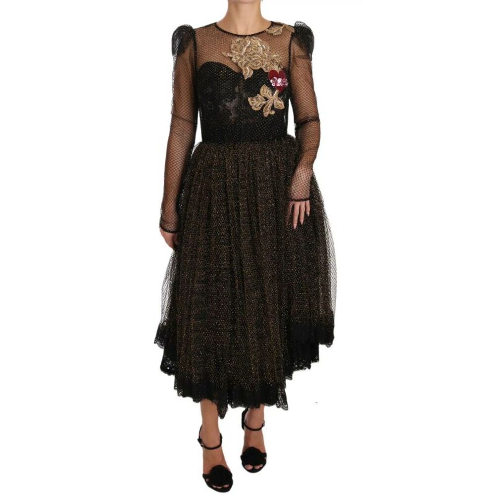 Dolce & Gabbana Black Gold Crystal Heart A-line Women's Dress
